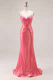 Watermelon Metallic Mermaid Corset Prom Dress With Beading