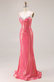 Watermelon Metallic Mermaid Corset Prom Dress With Beading