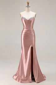 Dusty Rose Beaded Corset Sweetheart Maxi Prom Dress With Slit