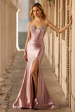 Dusty Rose Corset Satin Beaded Strapless Prom Dress With Slit