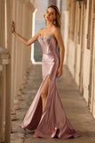 Dusty Rose Corset Satin Beaded Strapless Prom Dress With Slit