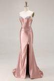 Dusty Rose Beaded Corset Sweetheart Maxi Prom Dress With Slit