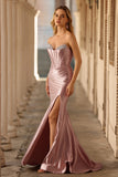 Dusty Rose Corset Satin Beaded Strapless Prom Dress With Slit