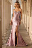 Dusty Rose Corset Satin Beaded Strapless Prom Dress With Slit