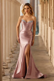 Dusty Rose Corset Satin Beaded Strapless Prom Dress With Slit