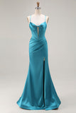 Peacock Blue Mermaid Corset Spaghetti Straps Maxi Prom Dress With Slit