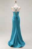 Peacock Blue Mermaid Corset Spaghetti Straps Maxi Prom Dress With Slit