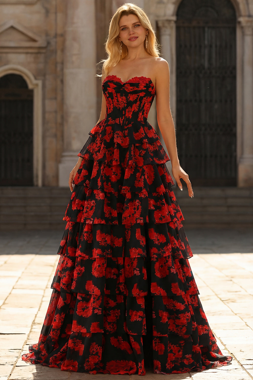 black and red floral prom dress Strappy-Back Long A-Line Prom Dress with Floral Print Black / 2