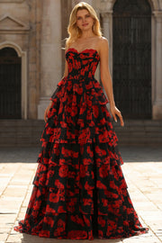 Tiered Black Red Floral Strapless Corset Prom Dress
