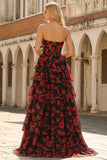 Tiered Black Red Floral Strapless Corset Prom Dress