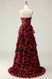 Black Red Flower Sweetheart Corset Ruffled Prom Dress With Slit