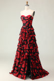 Black Red Flower Sweetheart Corset Ruffled Prom Dress With Slit