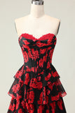 Black Red Flower Sweetheart Corset Ruffled Prom Dress With Slit