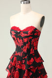 Black Red Flower Sweetheart Corset Ruffled Prom Dress With Slit