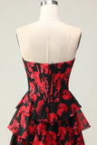 Black Red Flower Sweetheart Corset Ruffled Prom Dress With Slit