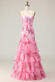 Strapless Pink Flower Ruffled Mermaid Prom Dress With Bow