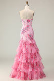 Strapless Pink Flower Ruffled Mermaid Prom Dress With Bow