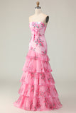 Strapless Pink Flower Ruffled Mermaid Prom Dress With Bow