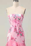Strapless Pink Flower Ruffled Mermaid Prom Dress With Bow