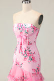 Strapless Pink Flower Ruffled Mermaid Prom Dress With Bow