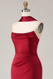 Burgundy Mermaid Strapless Satin Prom Dress With Sash