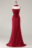 Burgundy Mermaid Strapless Satin Prom Dress With Sash