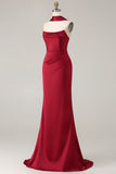 Burgundy Mermaid Strapless Satin Prom Dress With Sash