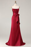 Burgundy Mermaid Strapless Satin Prom Dress With Sash