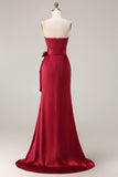 Burgundy Mermaid Strapless Satin Prom Dress With Sash