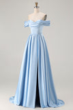 Off The Shoulder A-Line Satin Blue Bridesmaid Dress with Slit