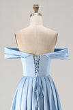 Off The Shoulder A-Line Satin Blue Bridesmaid Dress with Slit