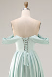 Off The Shoulder A-Line Satin Blue Bridesmaid Dress with Slit