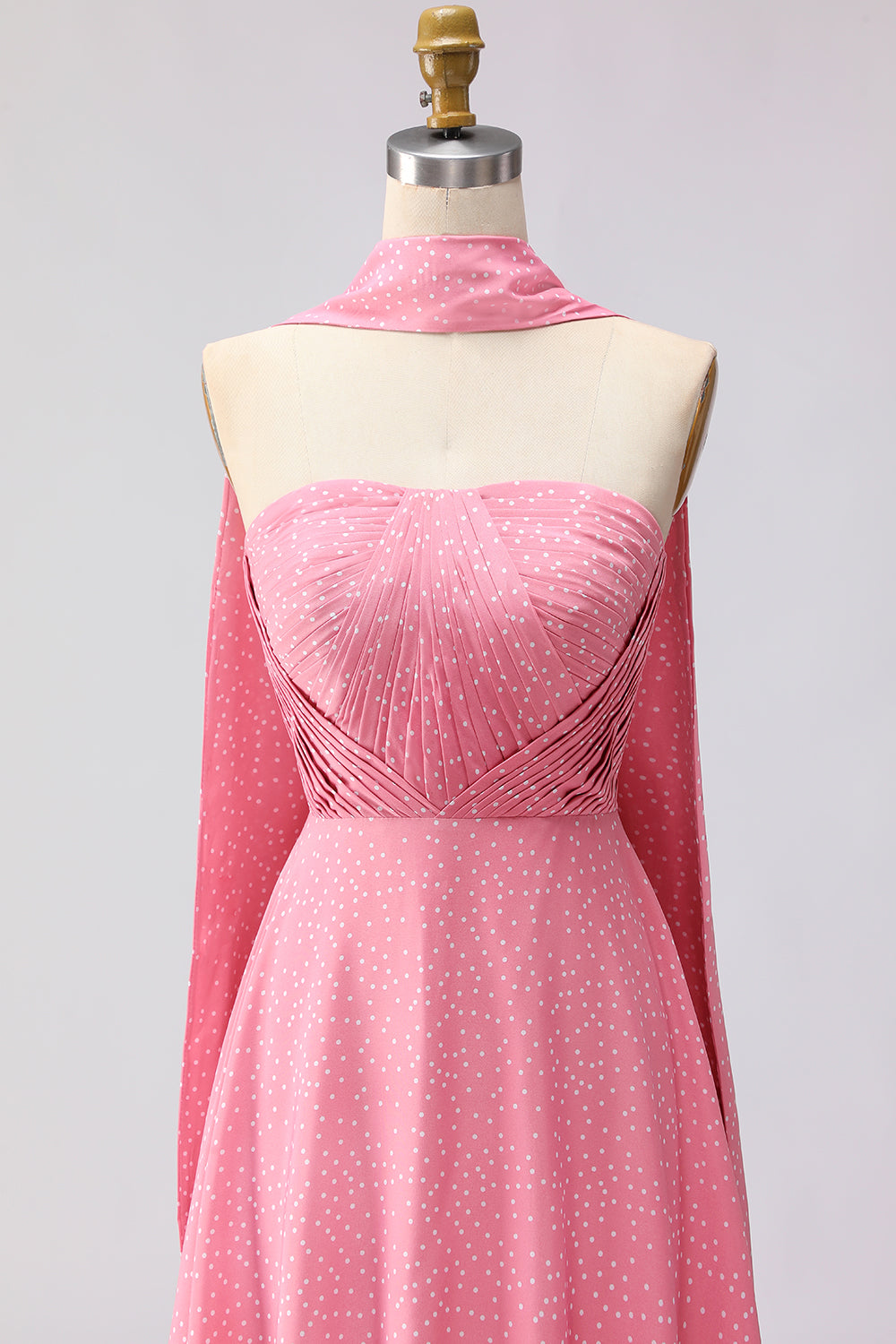 Berylove Women Strapless A Line Bridesmaid Dress Ruched Pink White Polka Dot Maxi Wedding Guest Dress