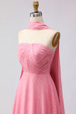 Pink White Polka Dot Strapless A Line Bridesmaid Dress