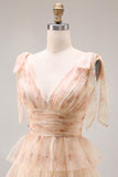 Green Floral Tiered V Neck Prom Dress with Bows