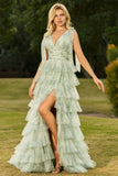 Green Floral Tiered V Neck Prom Dress with Bows