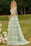 Green Floral Tiered V Neck Prom Dress with Bows