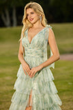 Green Floral Tiered V Neck Prom Dress with Bows