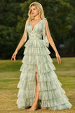 Green Floral Tiered V Neck Prom Dress with Bows