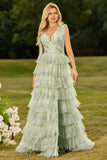 Green Floral Tiered V Neck Prom Dress with Bows