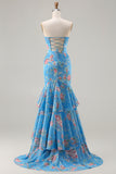 Blue Floral Mermaid Sweetheart Prom Dress With Slit