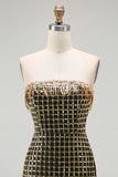 Strapless Black Golden Sequin Pearl Prom Dress With Slit
