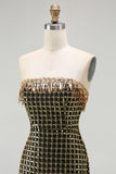 Strapless Black Golden Sequin Pearl Prom Dress With Slit