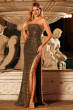 Strapless Black Golden Sequin Pearl Prom Dress With Slit