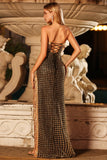 Strapless Black Golden Sequin Pearl Prom Dress With Slit