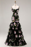 Black Pink Floral Tiered Sequin Prom Dress