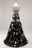 Black Pink Floral Tiered Sequin Prom Dress