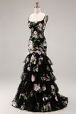 Black Pink Floral Tiered Sequin Prom Dress