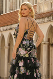 Black Pink Floral Plus Size Tiered Maxi Prom Dress