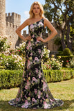 One Shoulder Mermaid Black Floral Prom Dress
